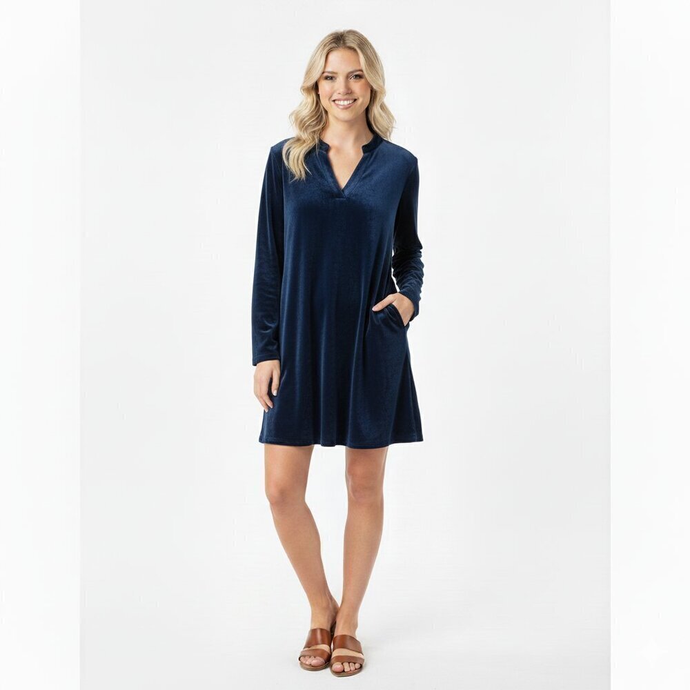 Intro blue velvet shirt dress size medium with pockets